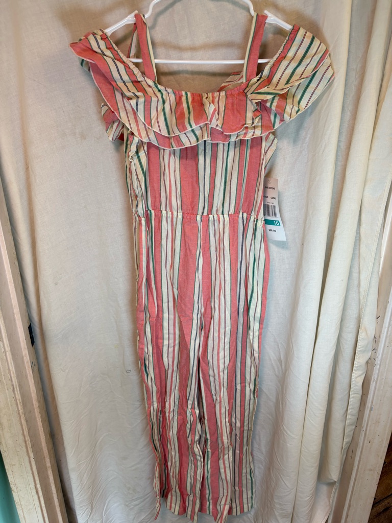 Nwt Rare Editions Coral Striped Ruffle Jumpsuit Girls 16